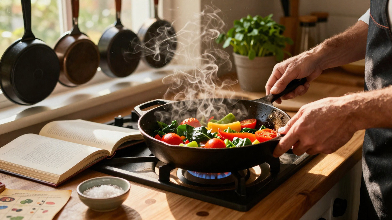Pessoa a cozinhar legumes frescos numa frigideira a lume numa cozinha iluminada.