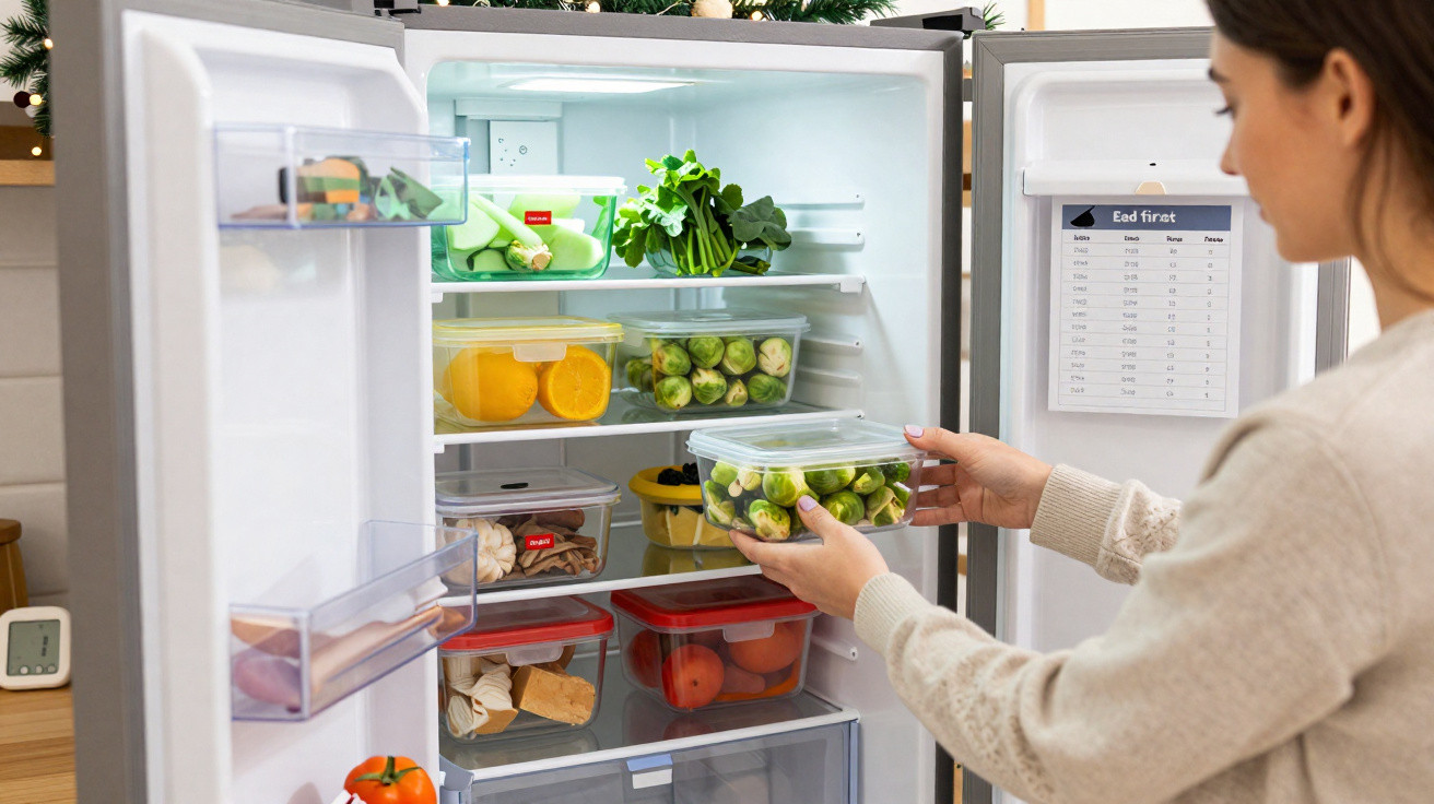 Mulher a guardar legumes frescos num tupperware dentro de frigorífico aberto numa cozinha.