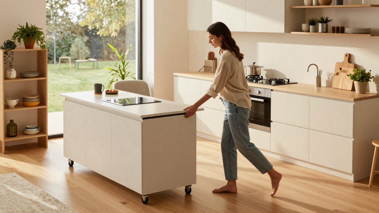 Mulher empurra ilha de cozinha branca com rodízios numa cozinha moderna e luminosa com vista para jardim.
