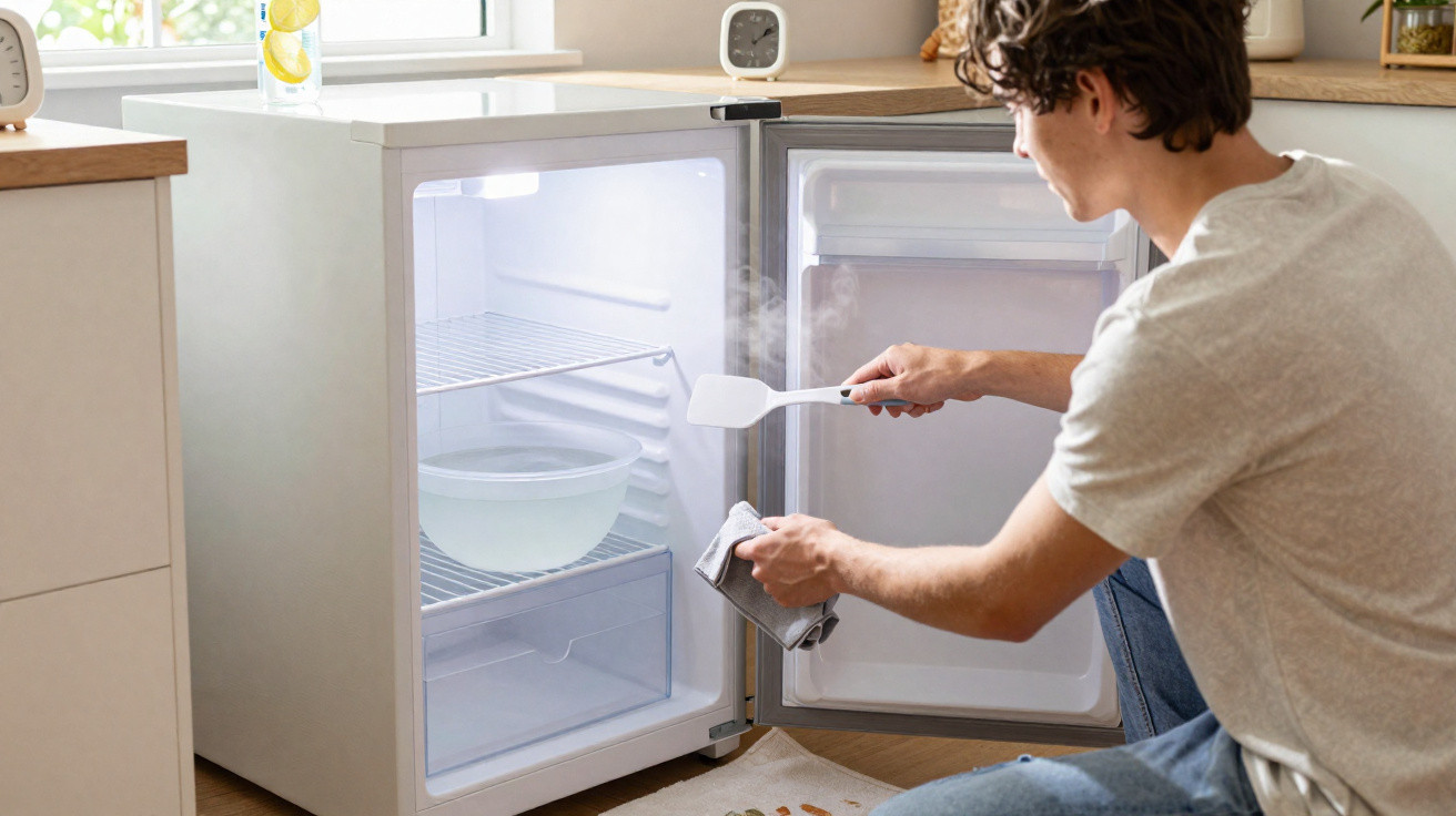 Homem usa espátula e pano para remover gelo e descongelar frigorífico aberto numa cozinha.