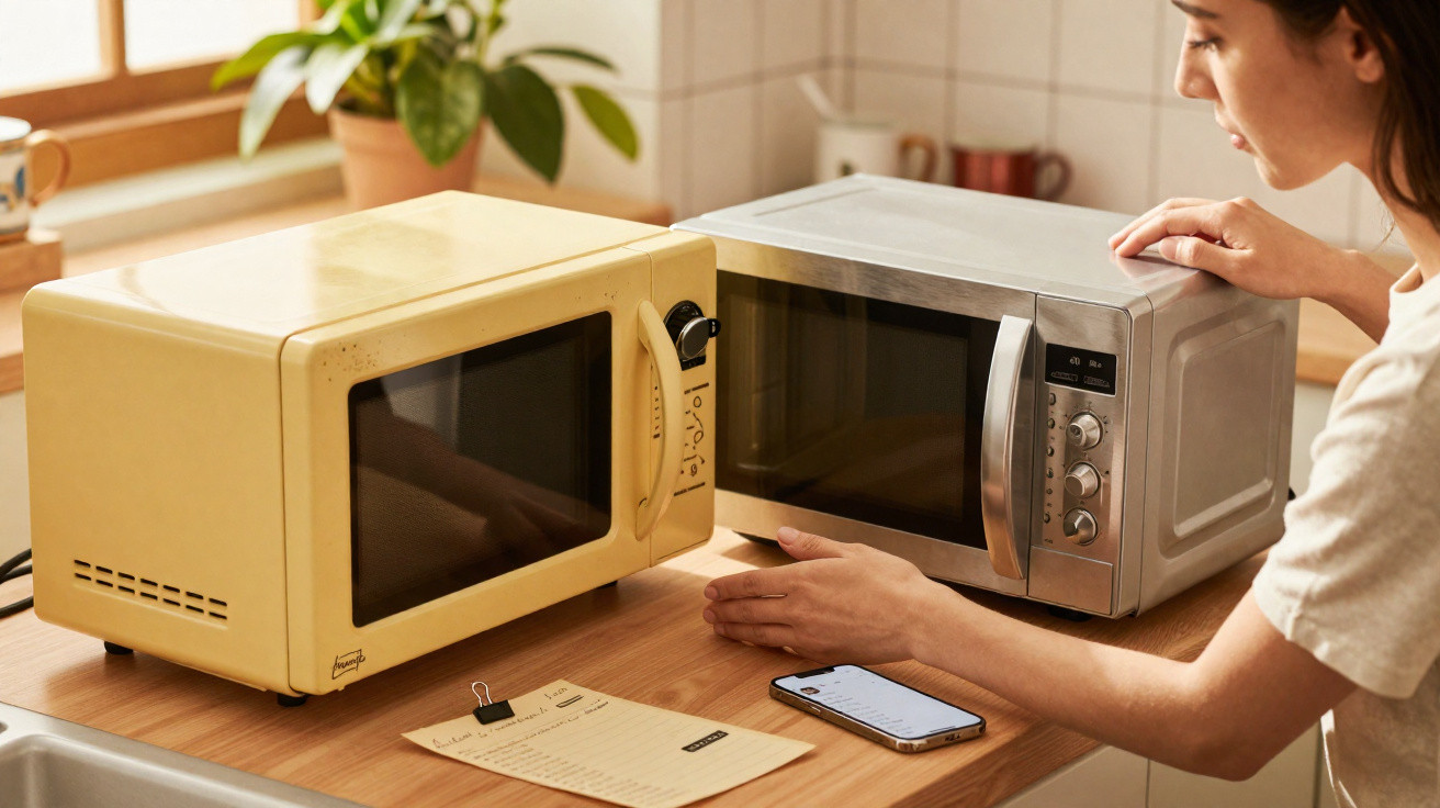 Mulher a comparar micro-ondas antigo amarelo com modelo moderno em aço inox numa cozinha.