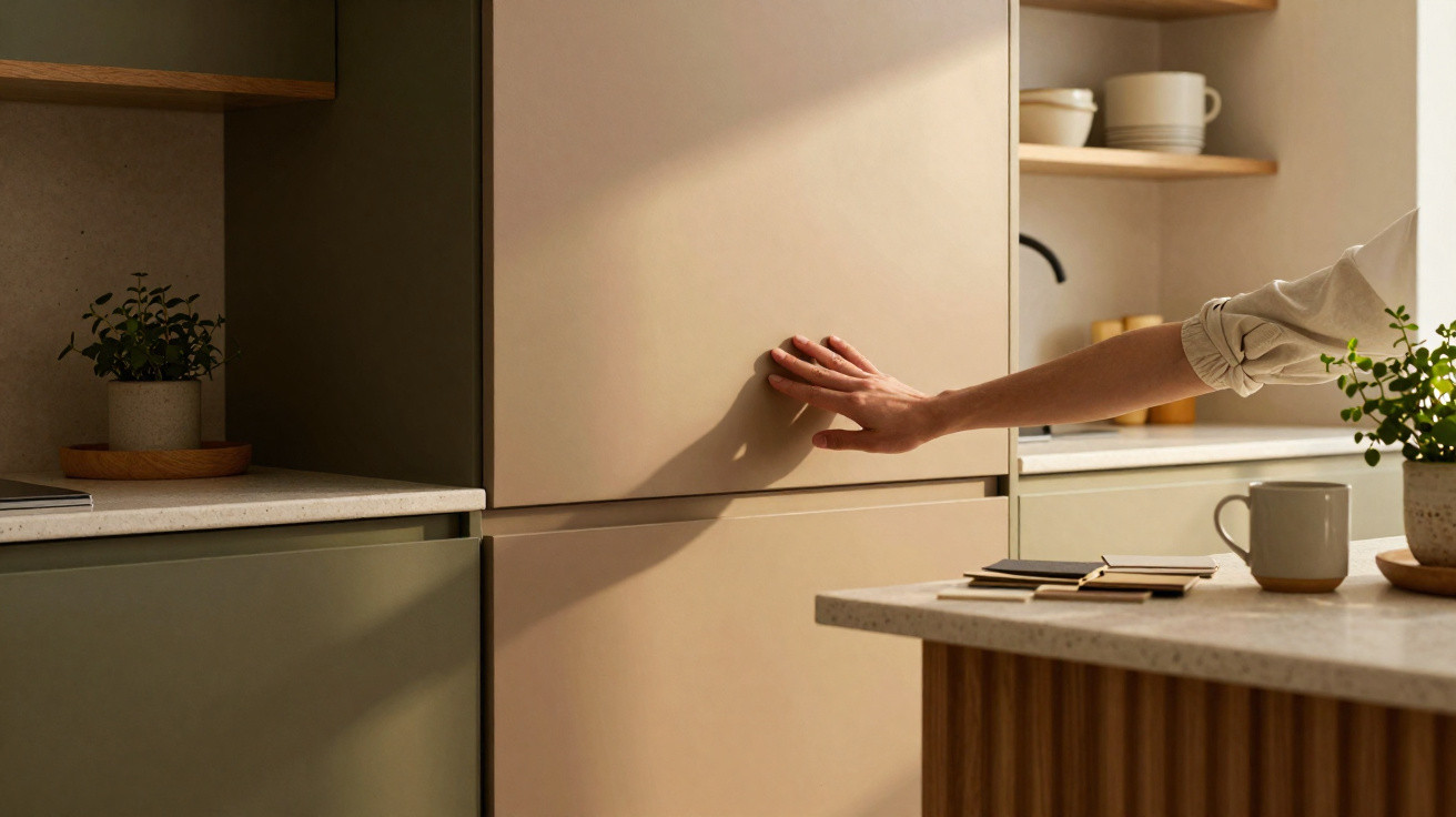Mão a abrir armário de cozinha moderna com plantas e utensílios em ambiente iluminado naturalmente.