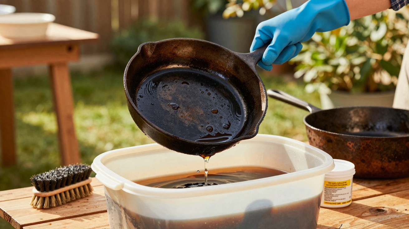Pessoa a limpar uma frigideira de ferro com luva azul, num ambiente exterior, com escova e recipiente de limpeza.