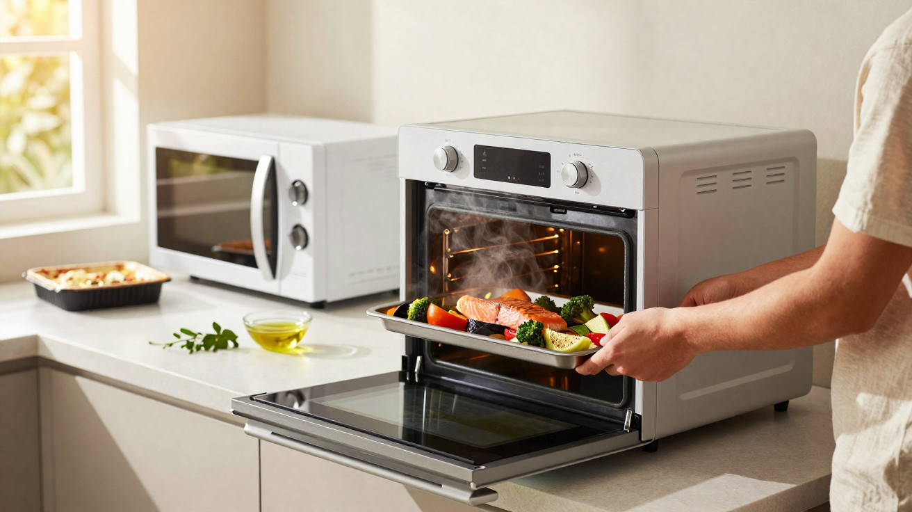 Pessoa a retirar tabuleiro com salmão e legumes de forno elétrico numa cozinha moderna.