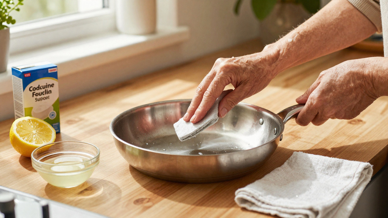 Pessoa a limpar frigideira de inox com esponja branca numa bancada de cozinha com limão e produto de limpeza.