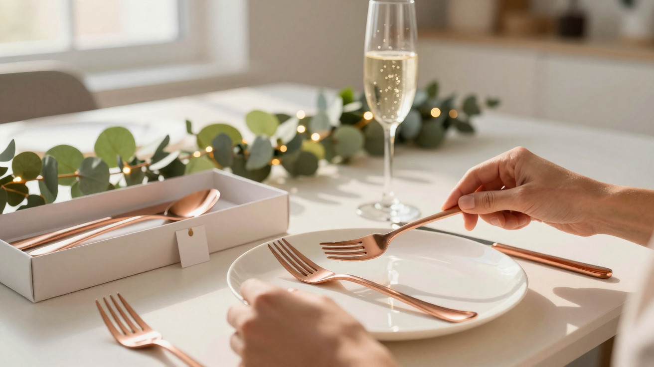 Mão a colocar garfo na mesa com talheres dourados, prato branco, copo de champanhe e decoração verde com luzes.