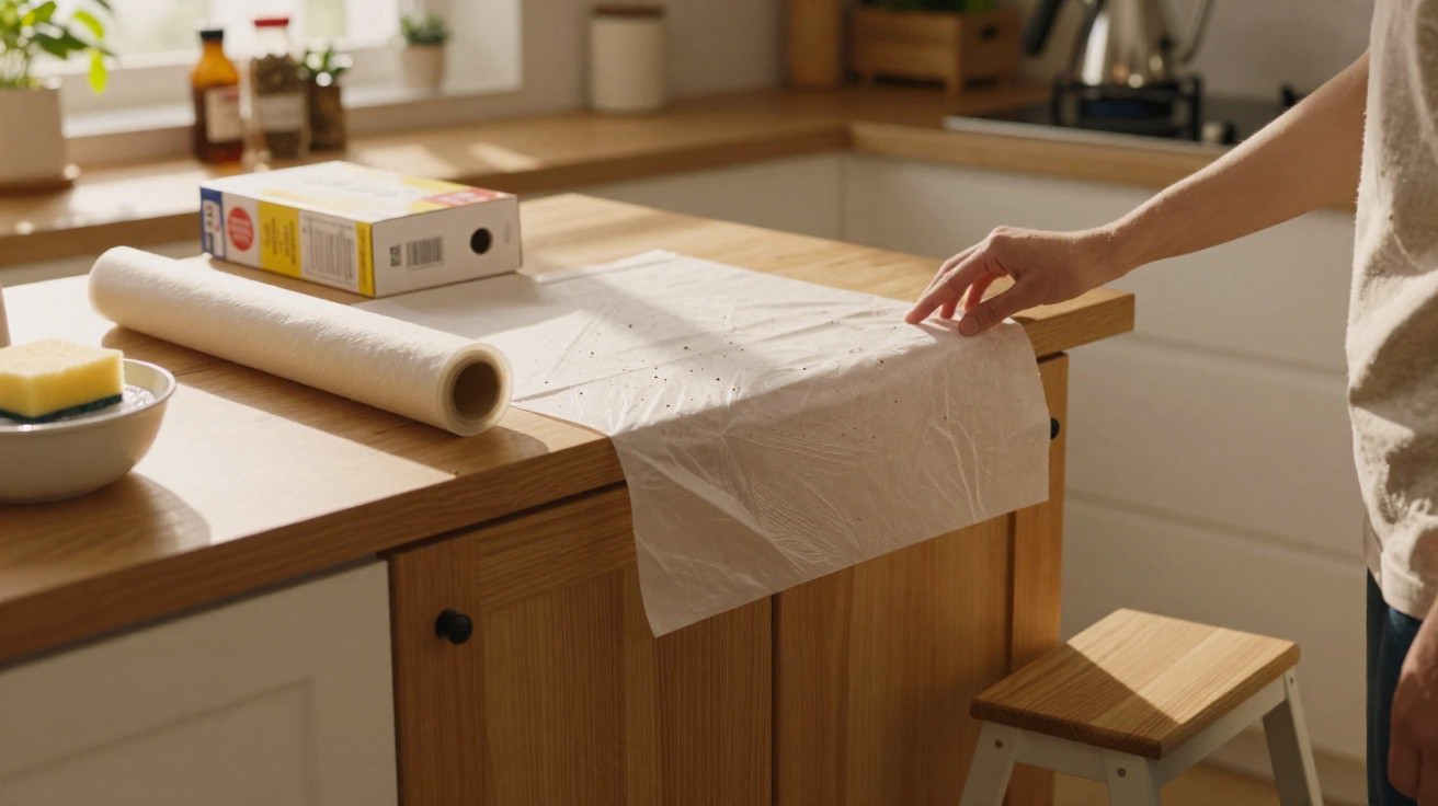 Pessoa a estender papel vegetal sobre bancada de cozinha em ambiente iluminado e organizado.