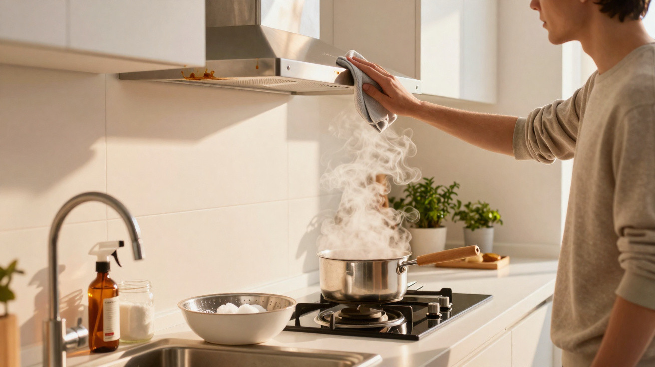 Pessoa com camisola cinzenta a limpar exaustor enquanto fervura uma panela com vapor numa cozinha iluminada.