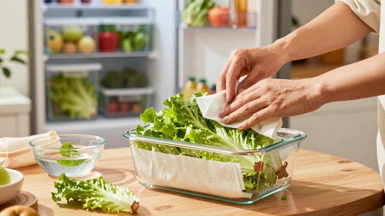 Pessoa a secar folhas de alface com guardanapo num recipiente transparente na cozinha.