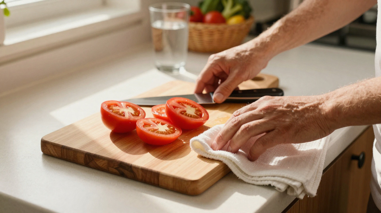 Mãos de uma pessoa a limpar tábua de cortar com pano ao lado de tomates cortados ao meio numa cozinha luminosa.