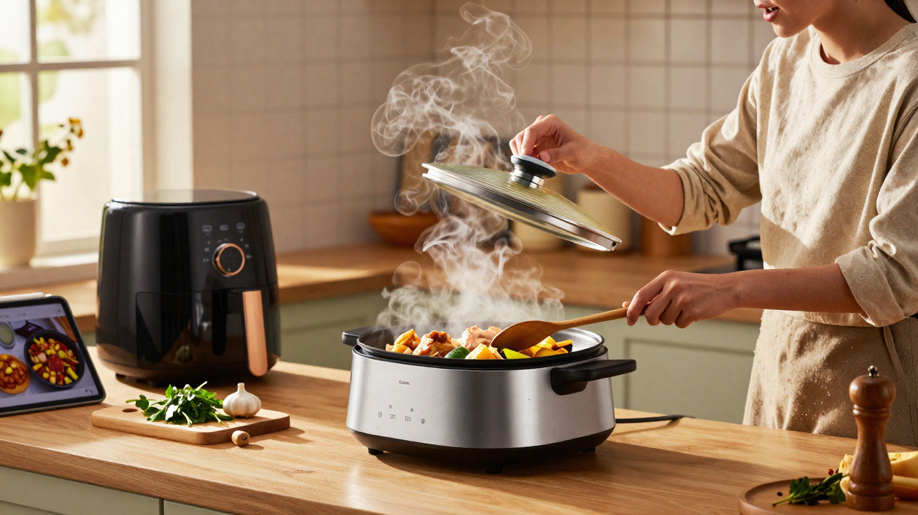 Pessoa a cozinhar num fogão eléctrico, retirando a tampa com vapor visível na cozinha moderna.