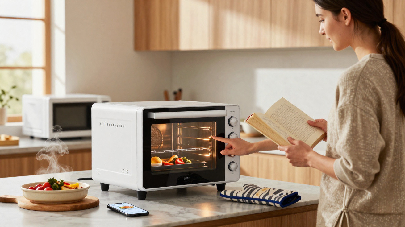 Mulher ajusta um forno elétrico de bancada enquanto lê um livro numa cozinha moderna.