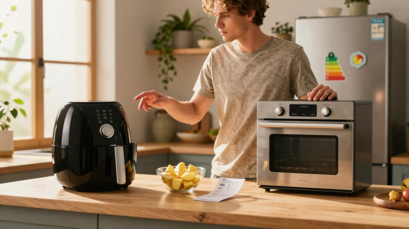 Pessoa a usar uma fritadeira de ar elétrica na cozinha, com forno e ingredientes à sua frente.