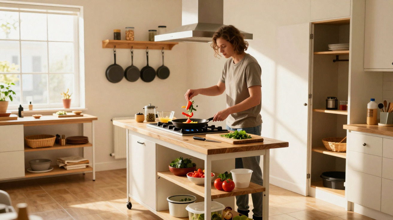 Pessoa jovem a cozinhar legumes numa cozinha moderna e iluminada com móveis claros e utensílios organizados.