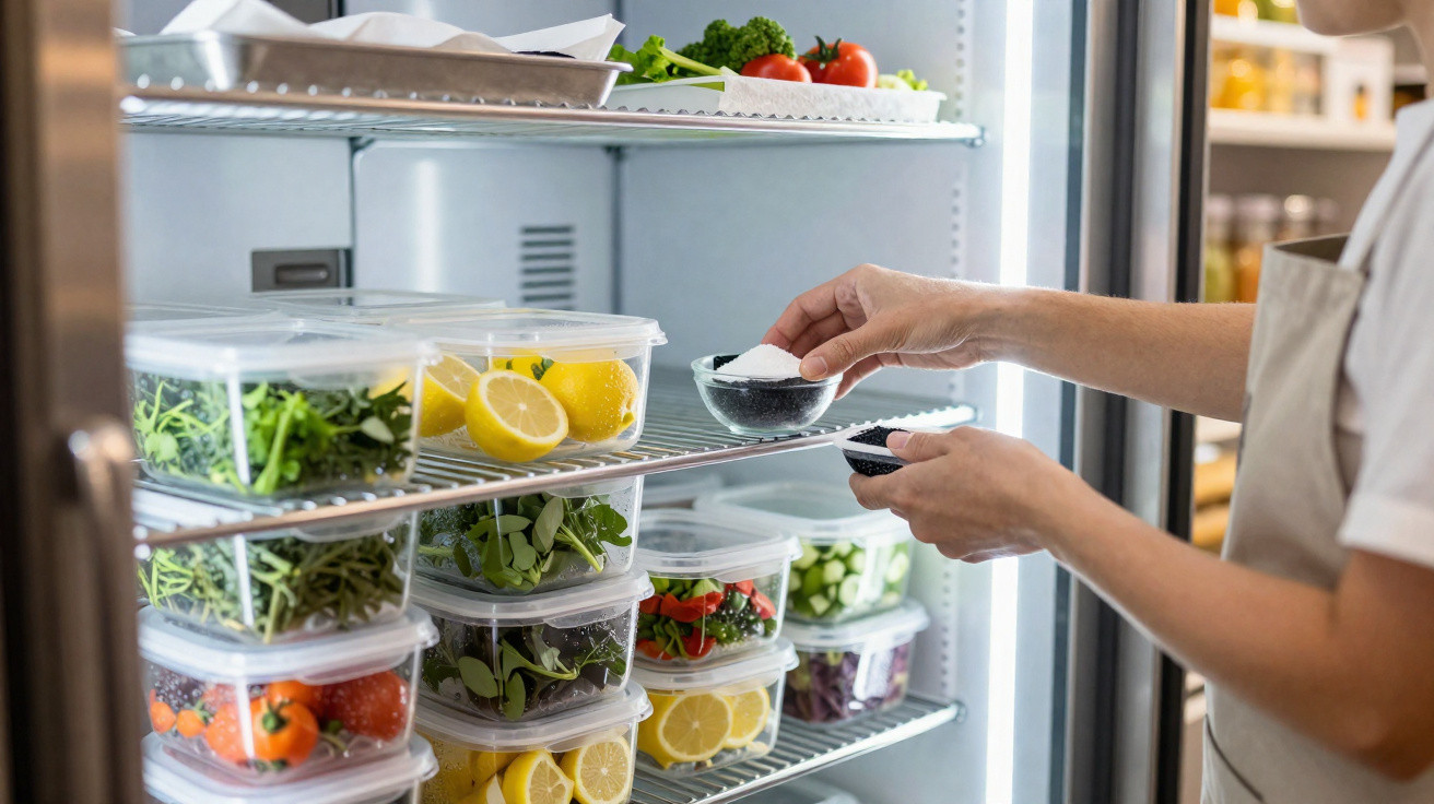 Pessoa a temperar salada fresca em caixas plásticas transparentes organizadas dentro de um frigorífico.
