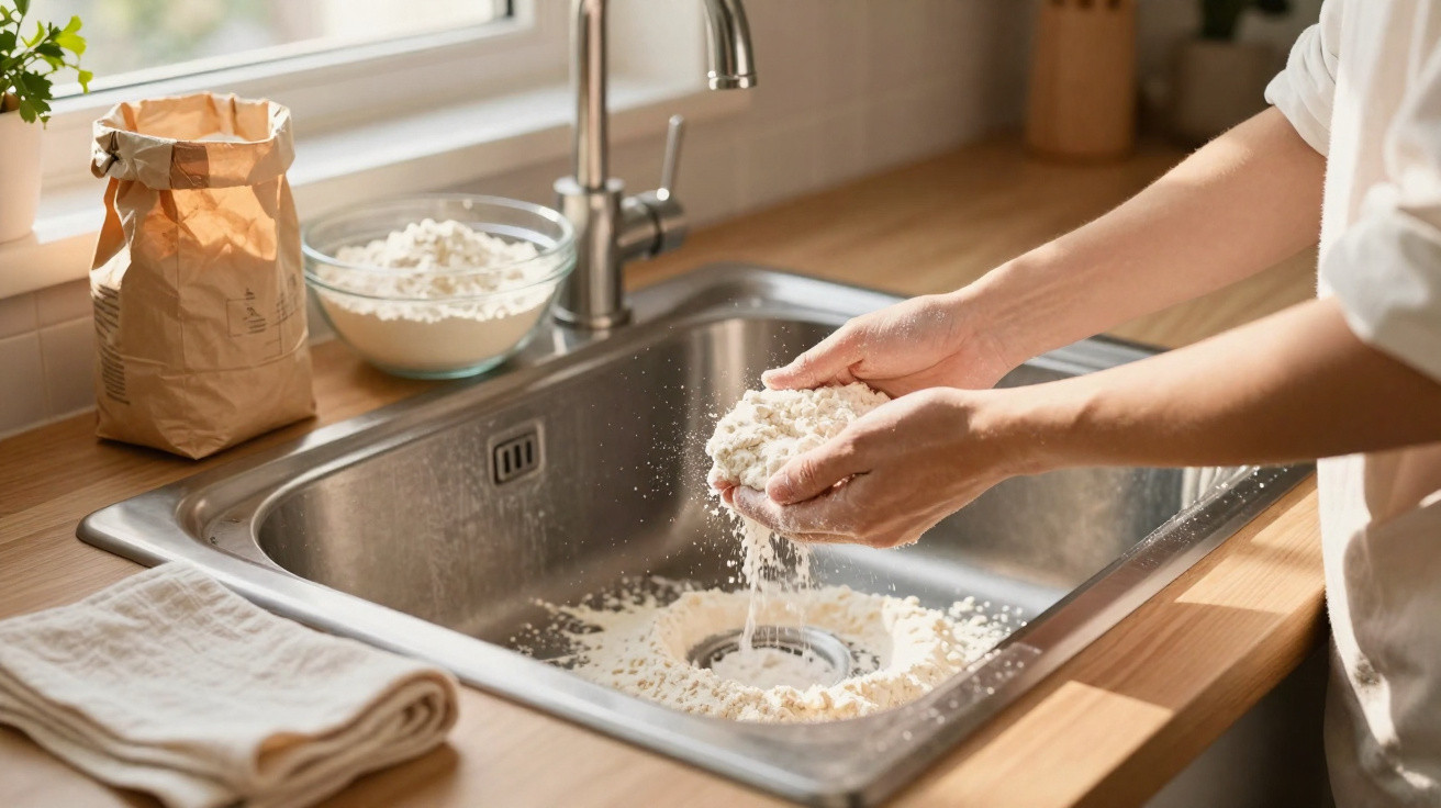 Mãos a passar farinha por água numa pia de cozinha com saco e taça de farinha ao lado.