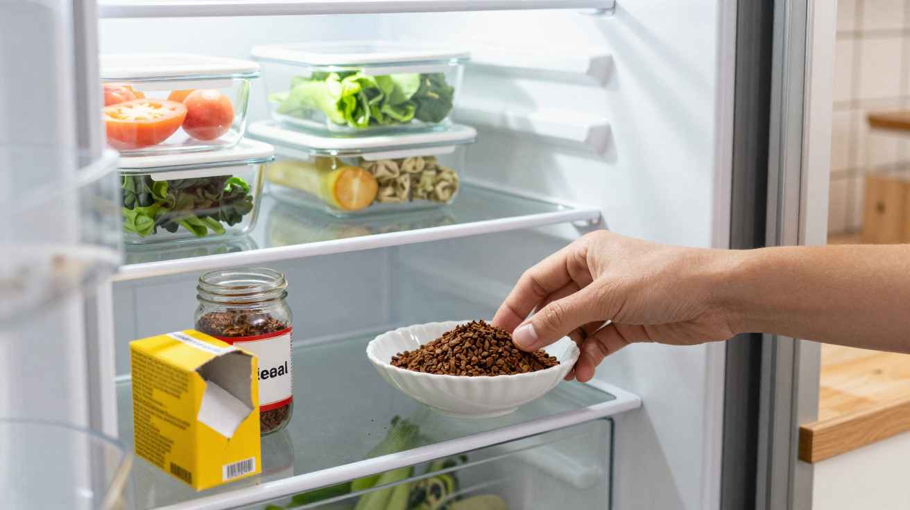 Mão a colocar chá numa tigela branca dentro do frigorífico aberto com alimentos armazenados.