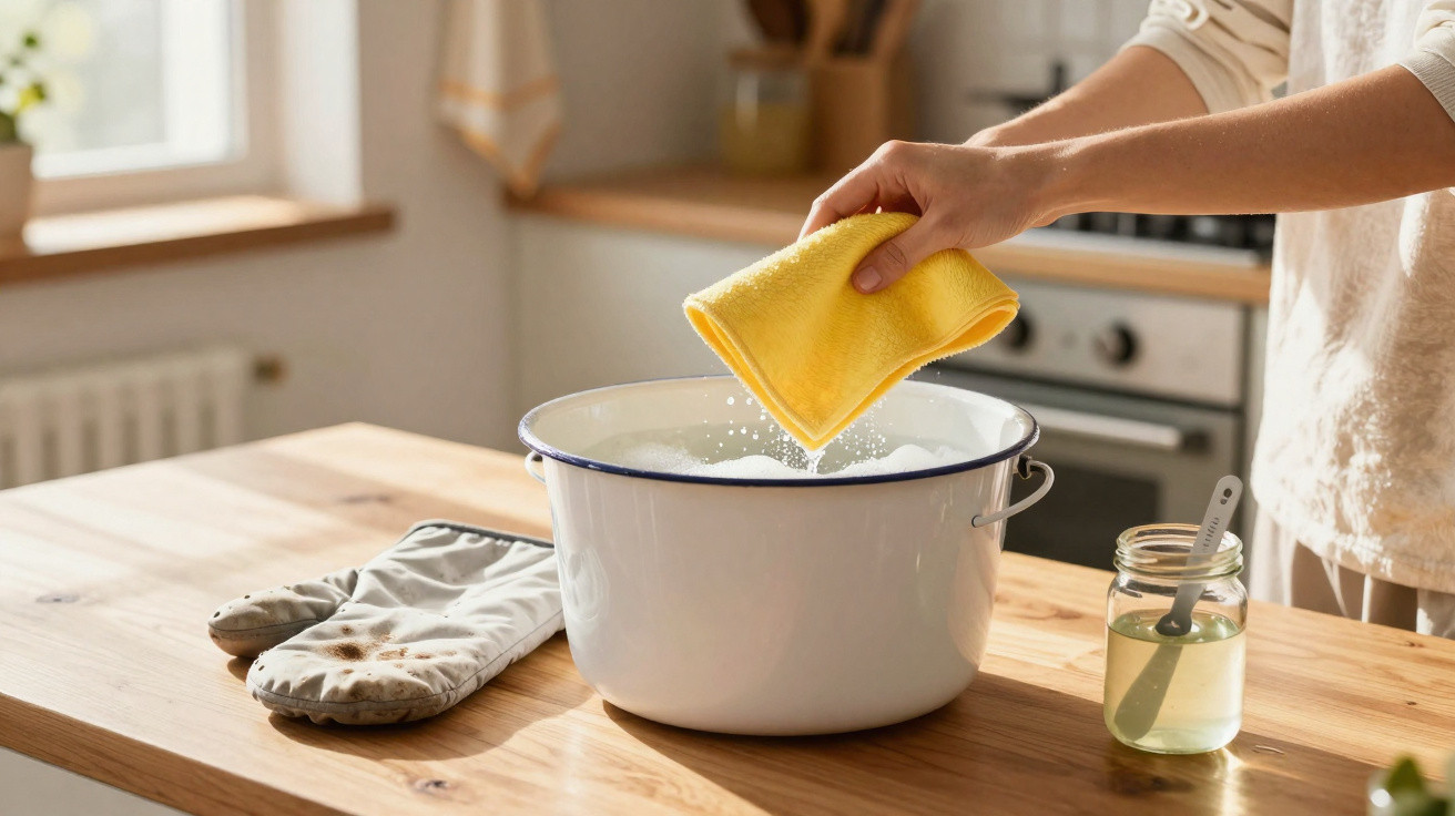 Mãos a lavar tecido amarelo num lava-loiça branco com água e sabão na cozinha iluminada.