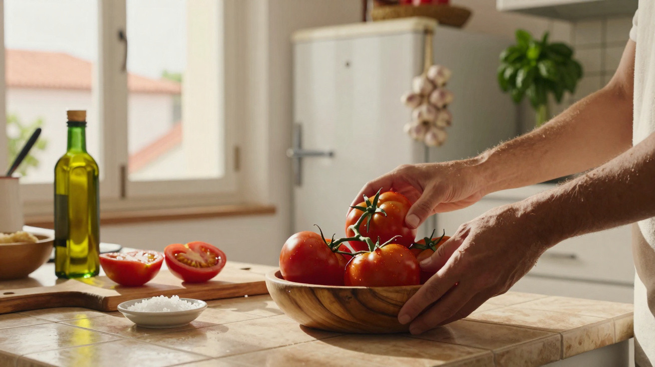 Mãos de pessoa a colocar tomates frescos numa tigela de madeira numa cozinha iluminada.