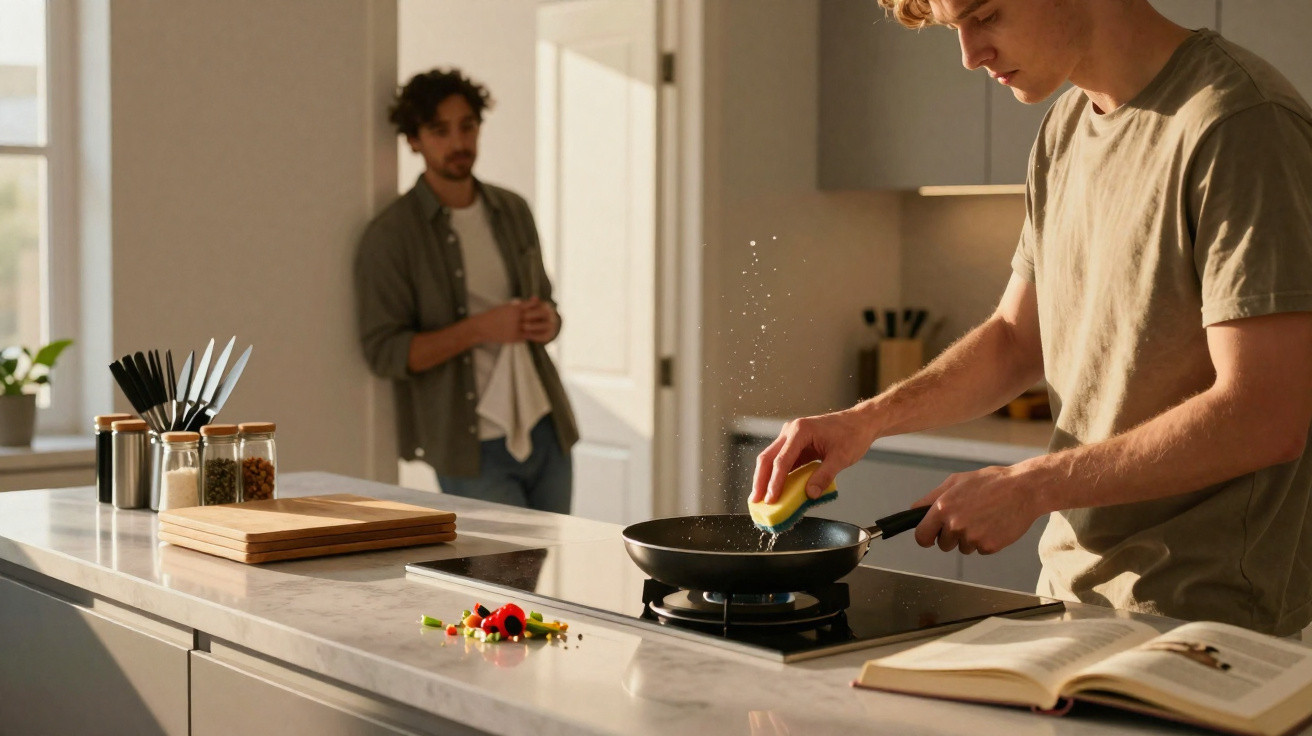 Homem a cozinhar numa cozinha moderna enquanto outra pessoa observa ao fundo.