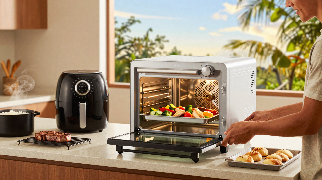 Pessoa a retirar legumes assados do forno elétrico na cozinha moderna com fritadeira e alimentos sobre o balcão.