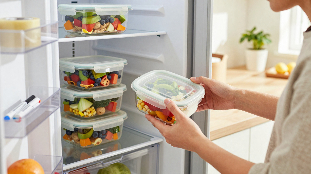 Pessoa a guardar recipientes de plástico com legumes e frutas frescas no frigorífico.
