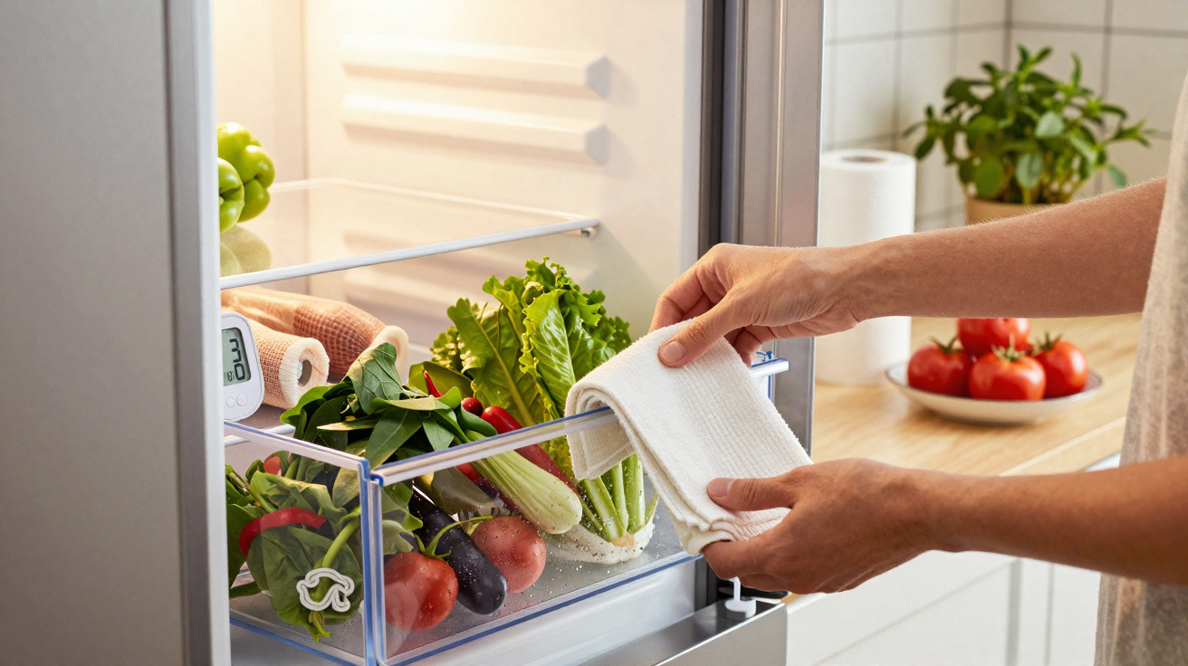 Pessoa a limpar a gaveta do frigorífico com verduras frescas e tomate numa bancada próxima.