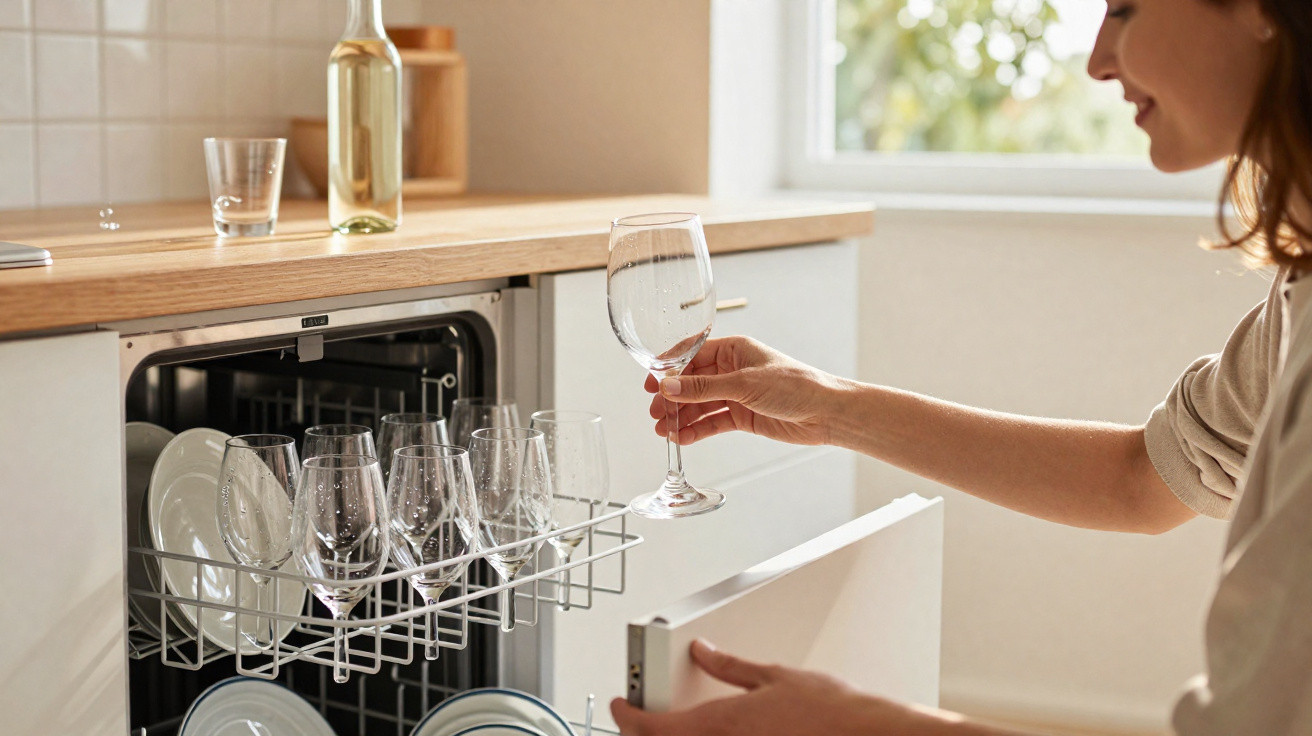 Pessoa a guardar copo de vidro na máquina de lavar loiça numa cozinha moderna e luminosa.