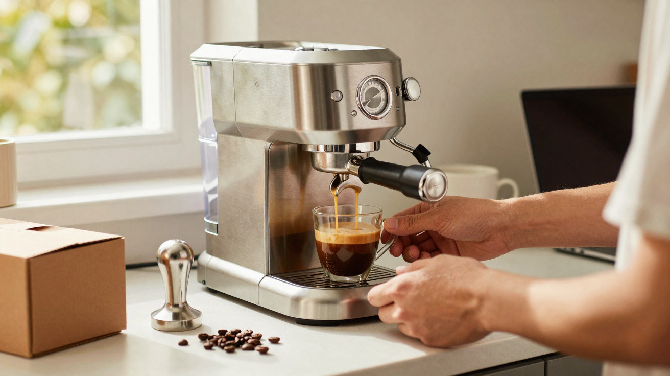 Pessoa a preparar café numa máquina espresso de inox, com grãos de café e utensílios na bancada.