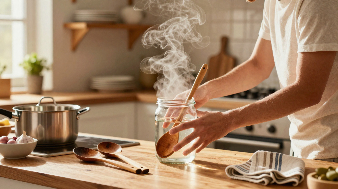 Pessoa a mergulhar uma colher de pau em jarro com água quente a ferver numa cozinha moderna e luminosa.