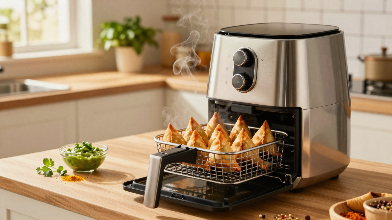 Air fryer metálica com pastelaria quente a sair, sobre bancada de cozinha com janela e plantas ao fundo.