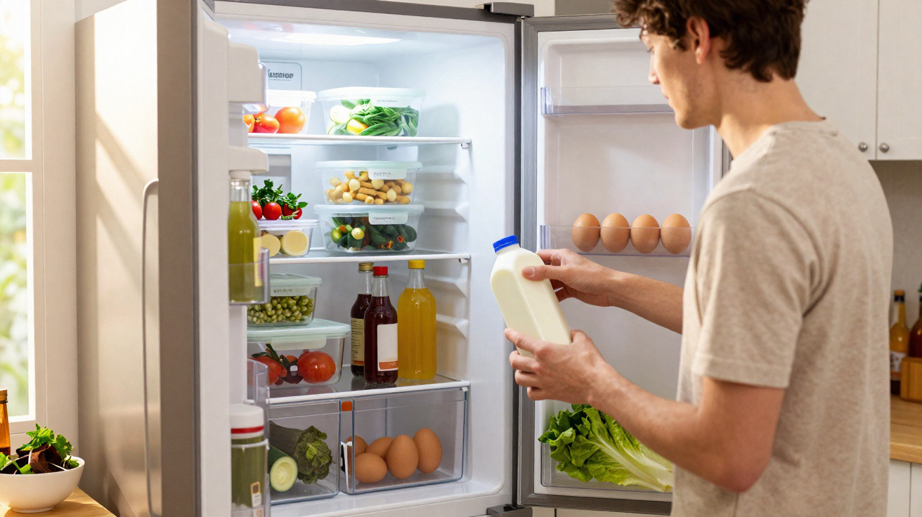 Homem a segurar uma garrafa de leite junto a frigorífico aberto com legumes, ovos e bebidas visíveis.