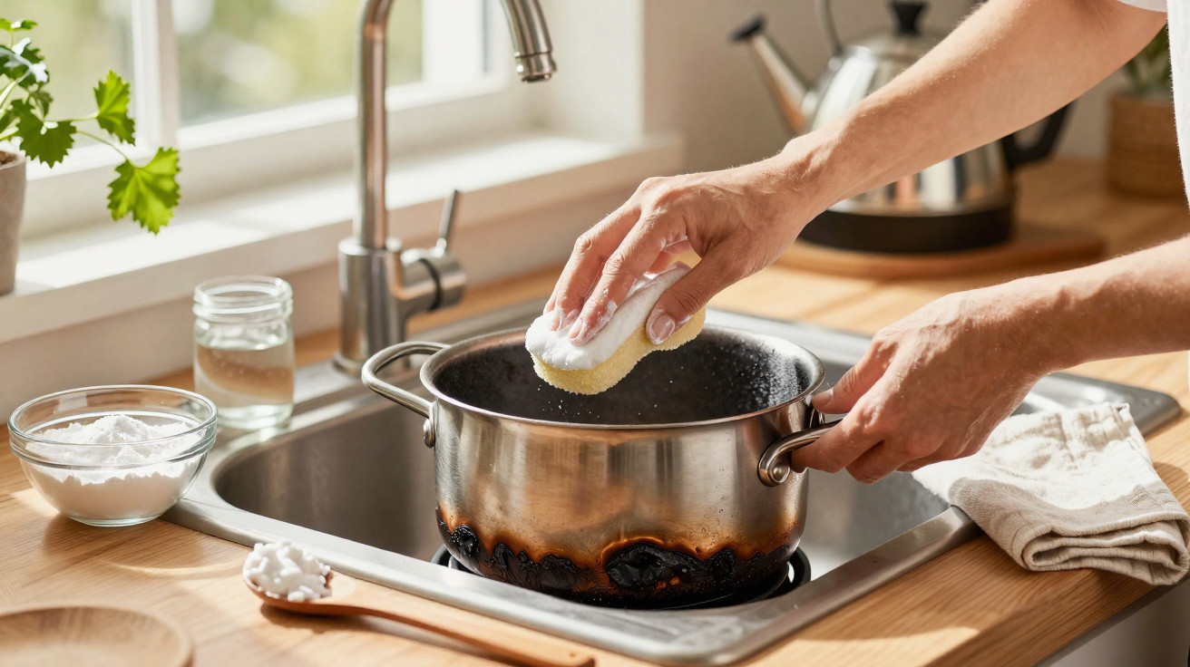 Mãos a limpar um tacho de inox com queimaduras na base, numa pia de cozinha bem iluminada.