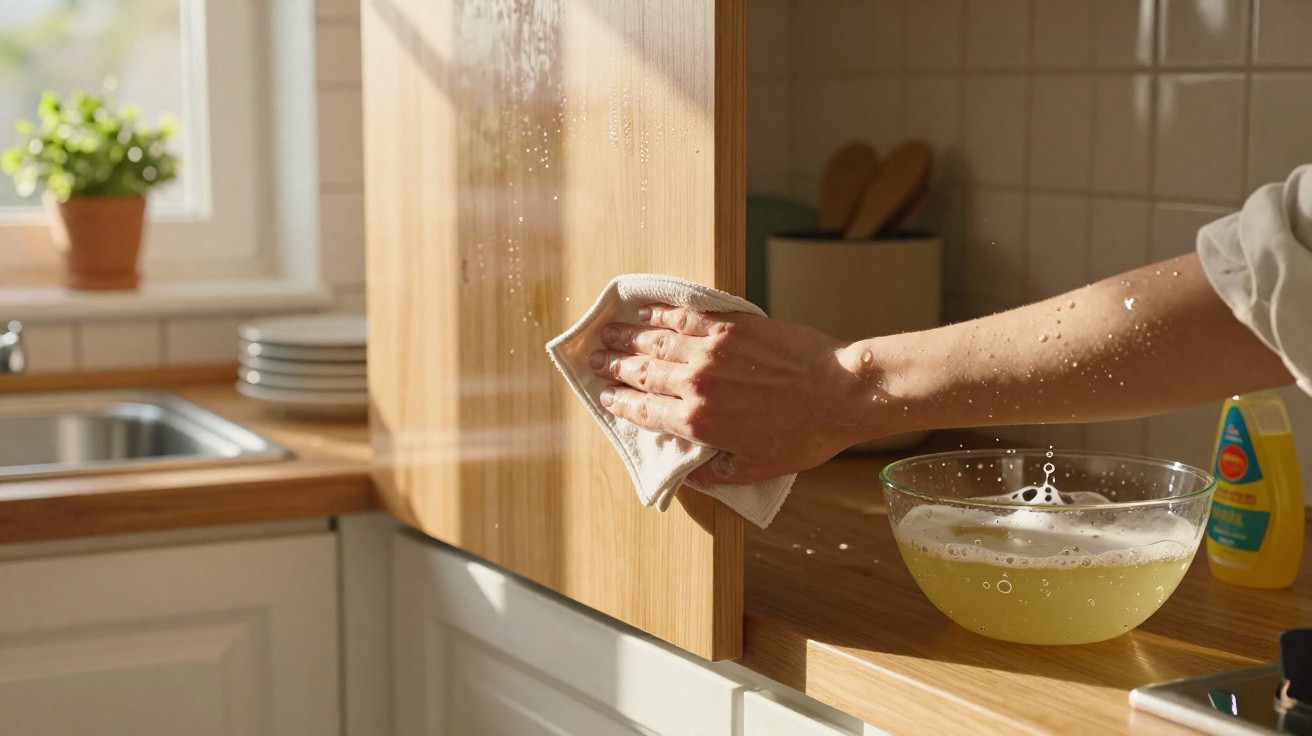 Mão a limpar armário de madeira na cozinha com pano húmido e luz solar a entrar pela janela.