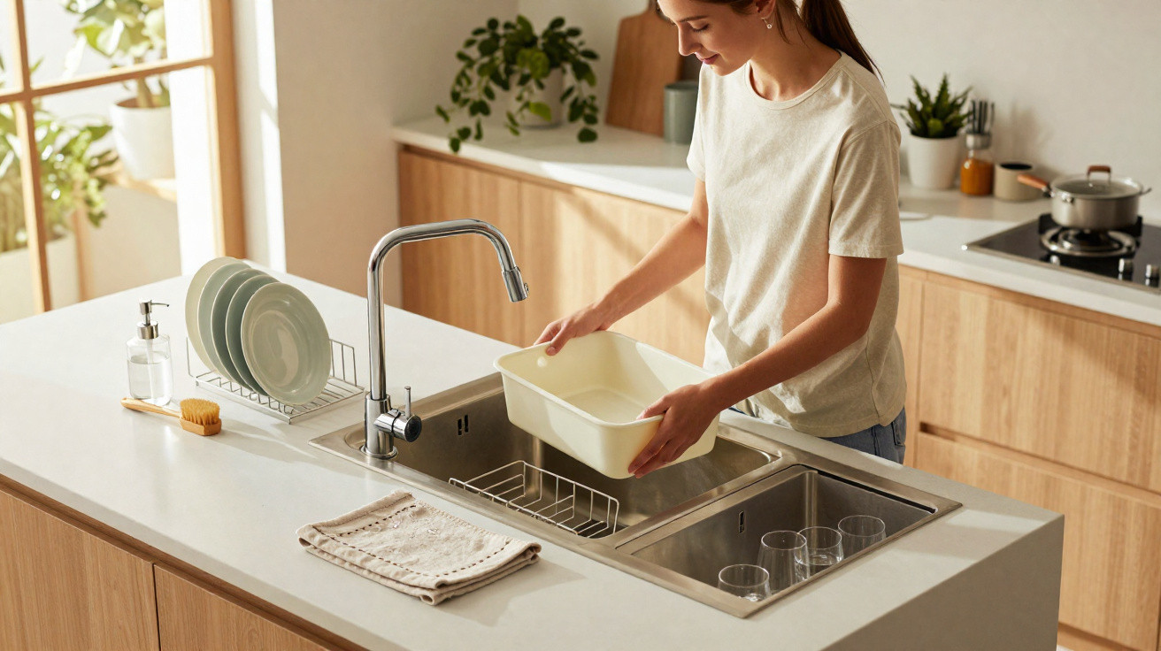 Mulher a lavar utensílios na pia da cozinha moderna com bancada limpa e plantas decorativas.