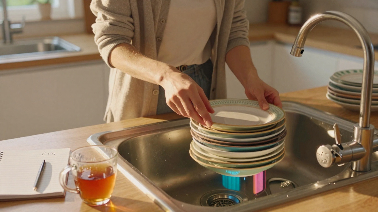 Pessoa a colocar pratos sujos na máquina de lavar loiça numa cozinha iluminada pela luz natural.