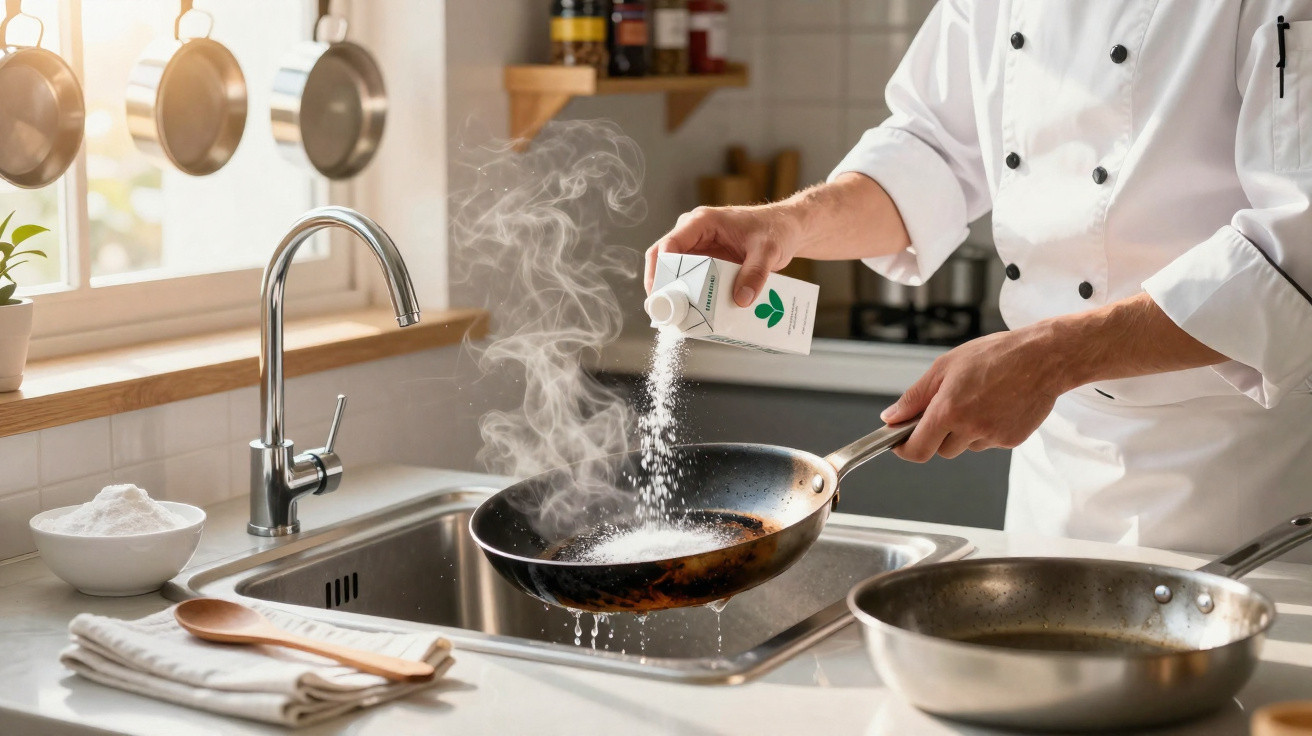 Chef de branco a salpicar sal numa frigideira fumegante junto à pia de cozinha moderna.