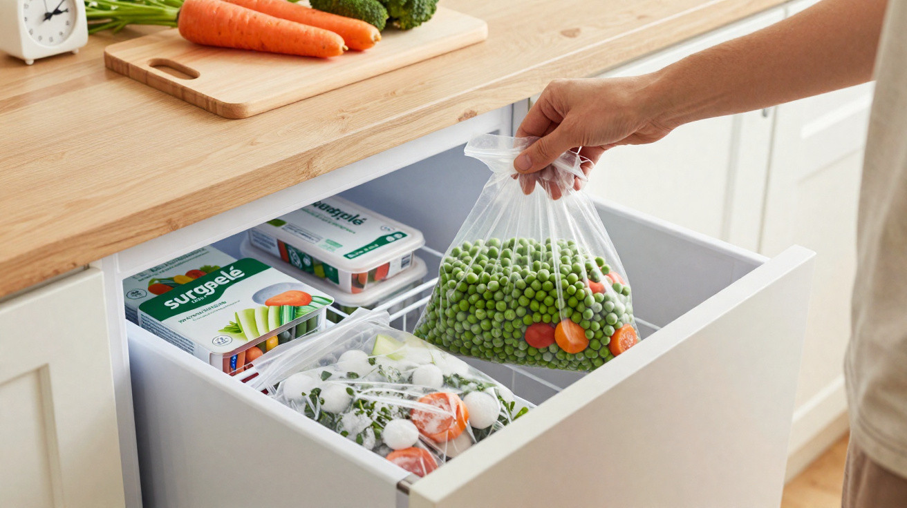 Mão a guardar legumes congelados num saco plástico dentro de um congelador em gaveta numa cozinha moderna.