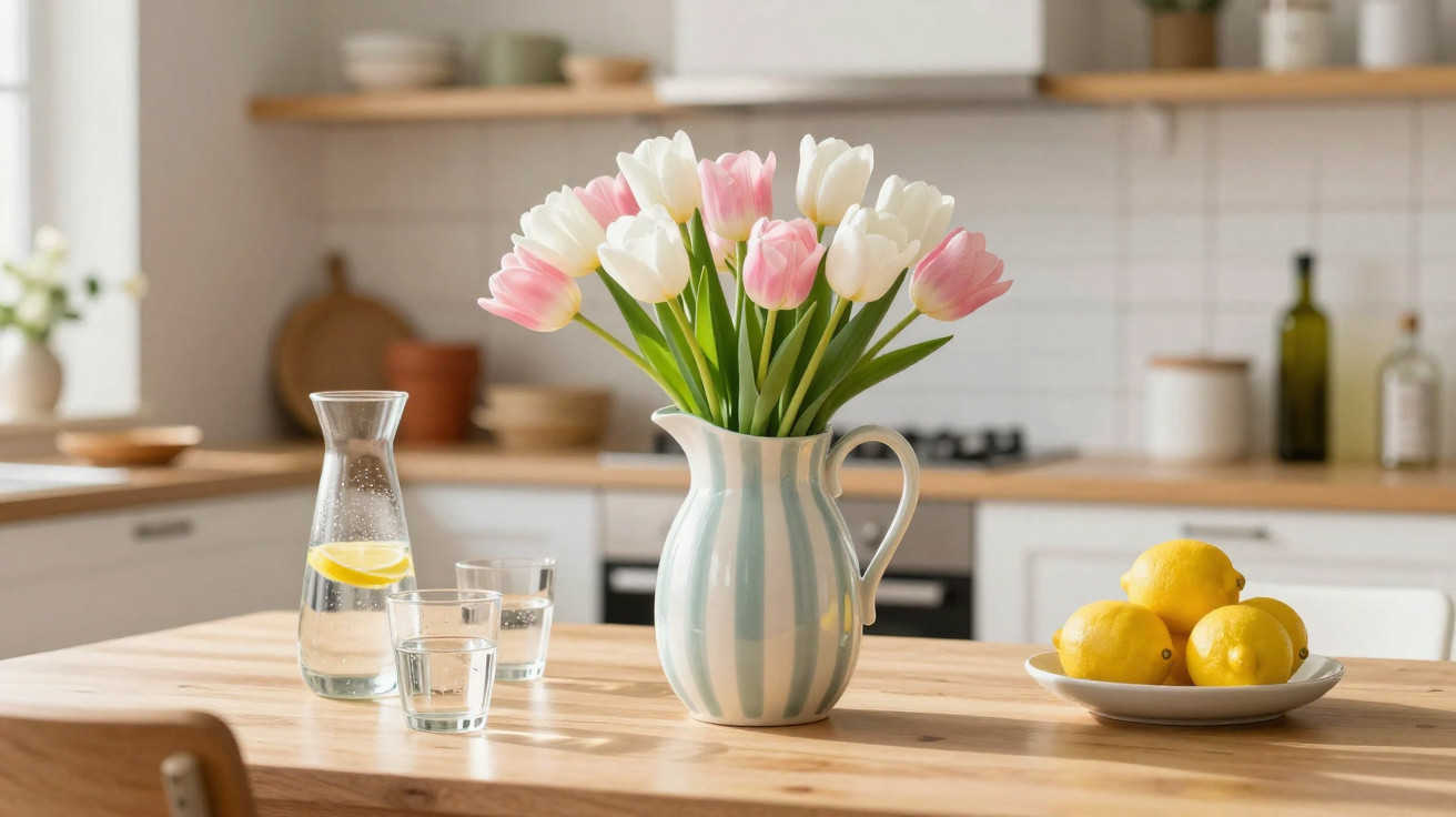 Jarro com tulipas rosa e brancas numa cozinha com jarra de água e limões num prato.