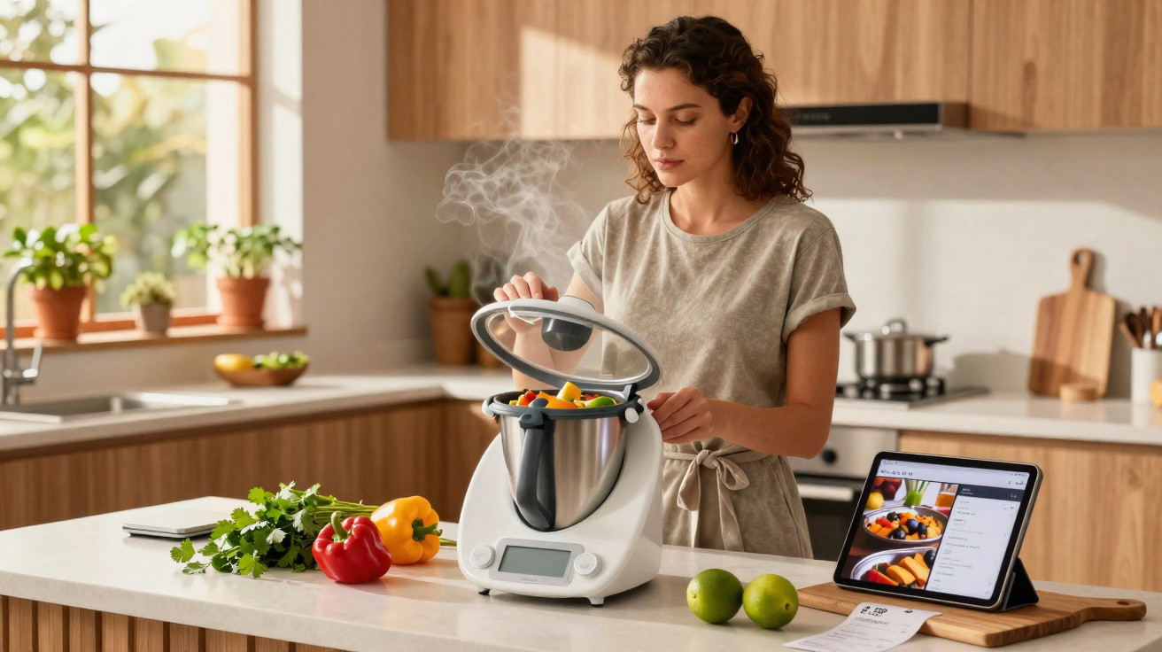 Mulher a cozinhar com robot de cozinha numa cozinha moderna e a seguir receita digital num tablet.