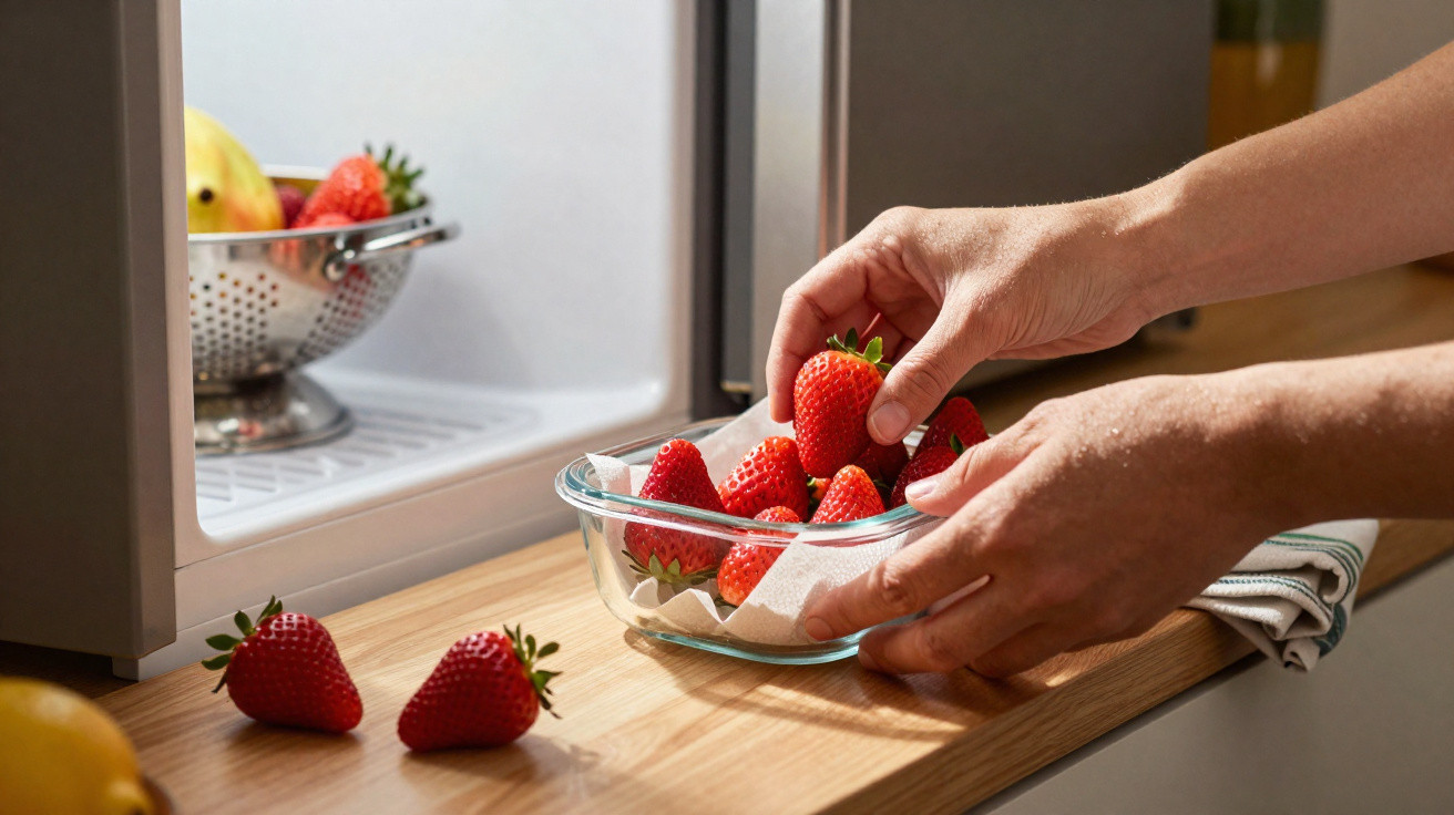 Mãos a colocar morangos num recipiente de vidro sobre bancada ao lado do frigorífico aberto.