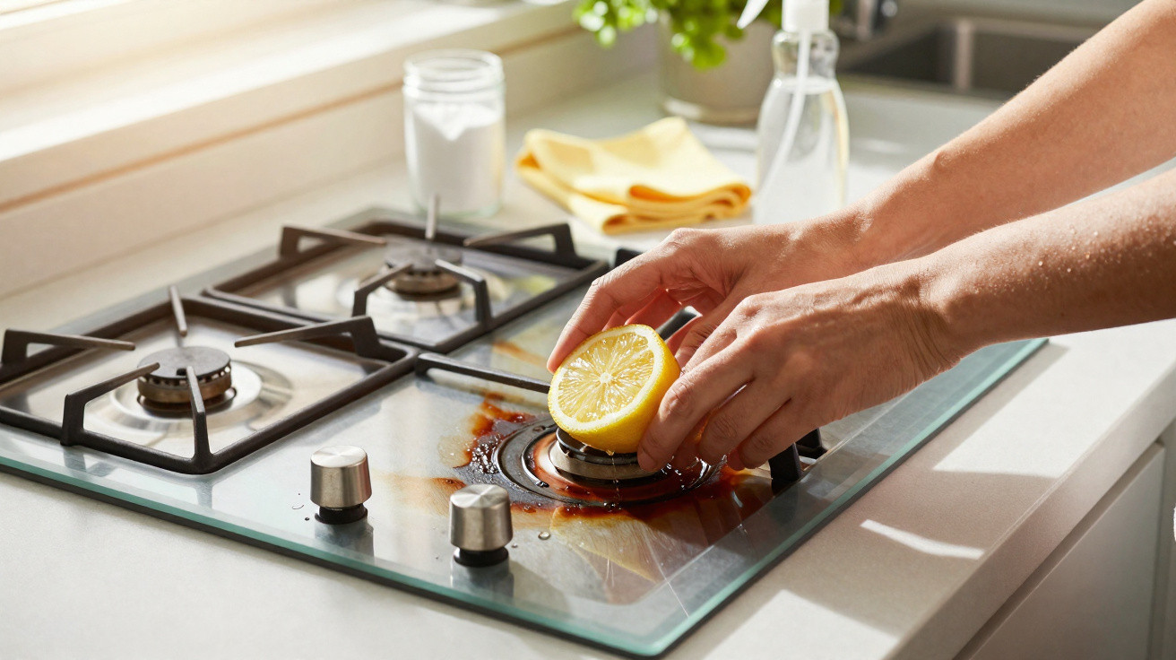 Pessoa a esfregar um fogão sujo com meio limão para limpeza natural na cozinha luminosa.
