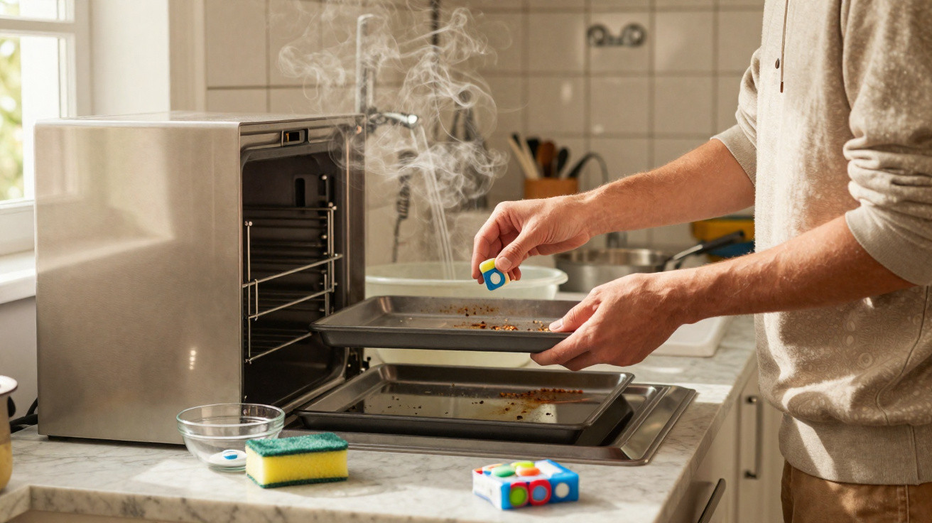 Pessoa a colocar uma pastilha efervescente num tabuleiro de forno para limpeza, com vapor a sair do forno.
