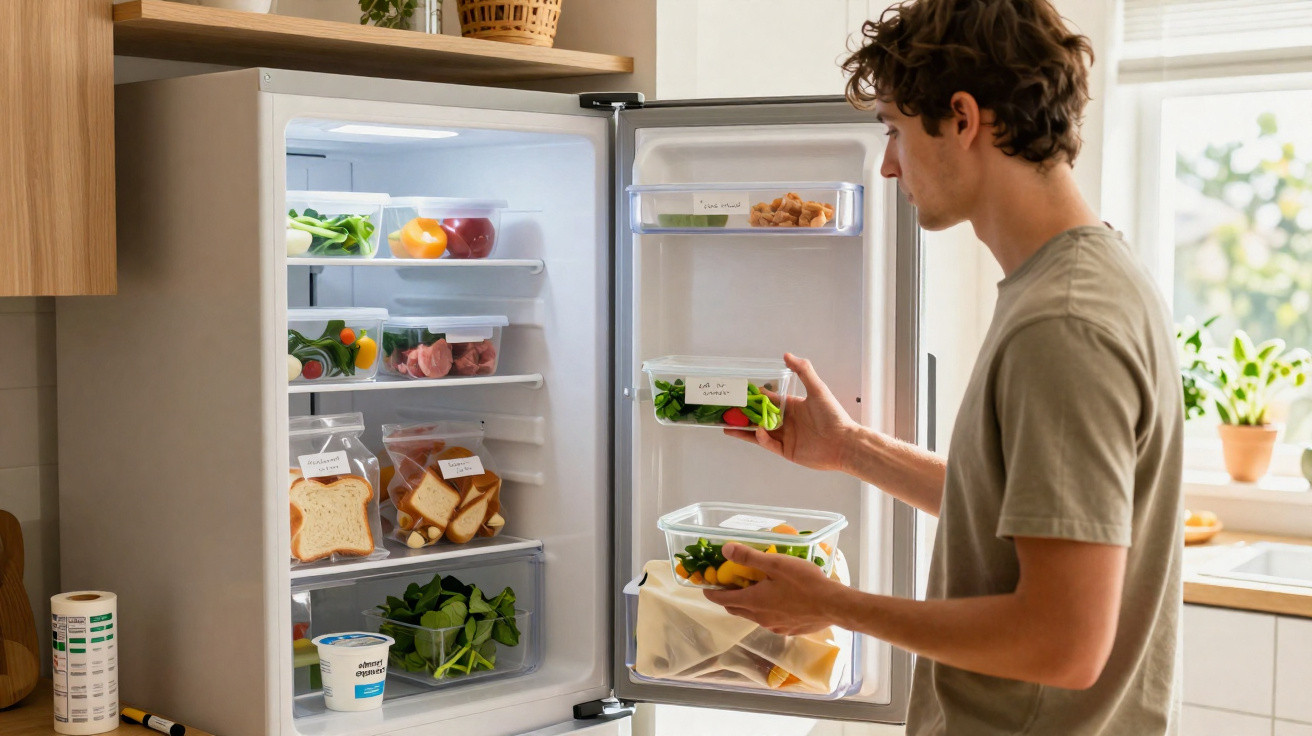 Homem a organizar recipientes plásticos com alimentos frescos dentro de frigorífico doméstico aberto numa cozinha iluminada.