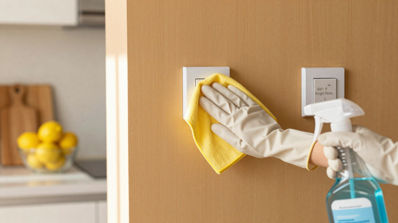 Mão com luva limpa interruptor de luz com pano amarelo e spray azul numa parede castanha.