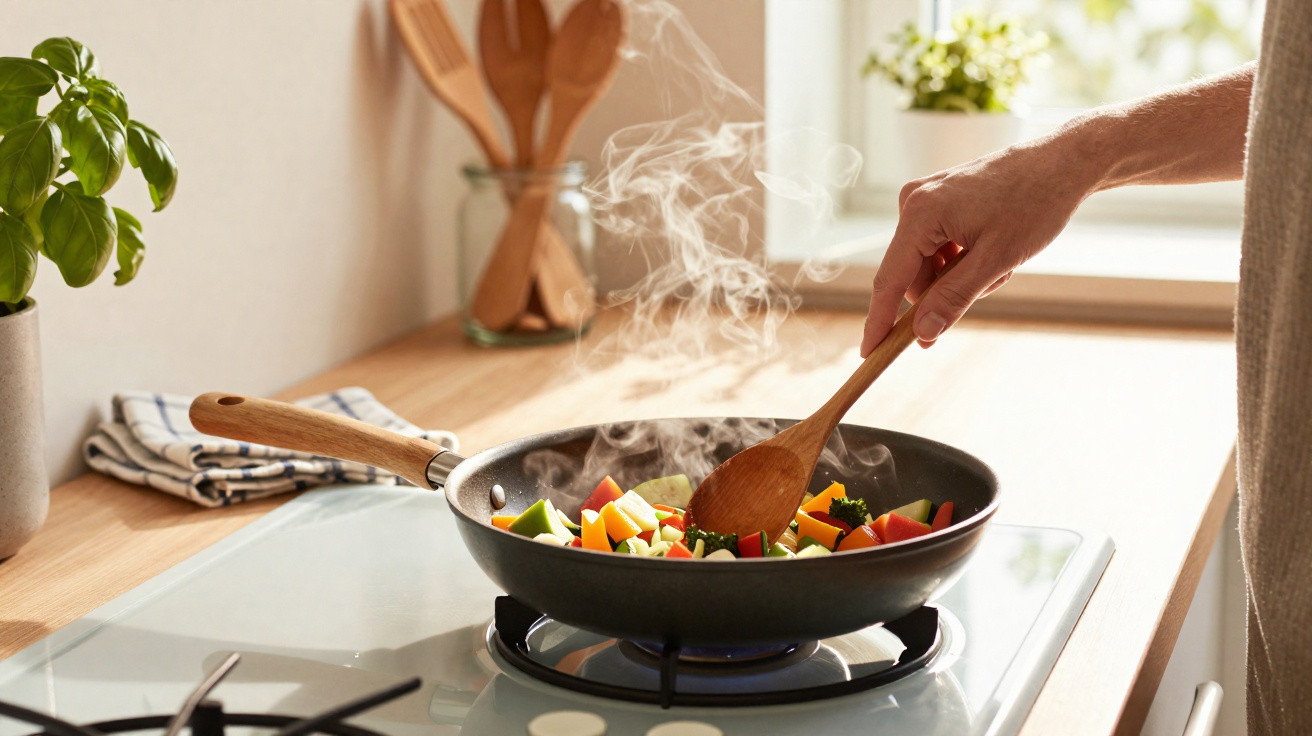 Mão a mexer legumes coloridos numa frigideira quente numa cozinha iluminada e com plantas decorativas.