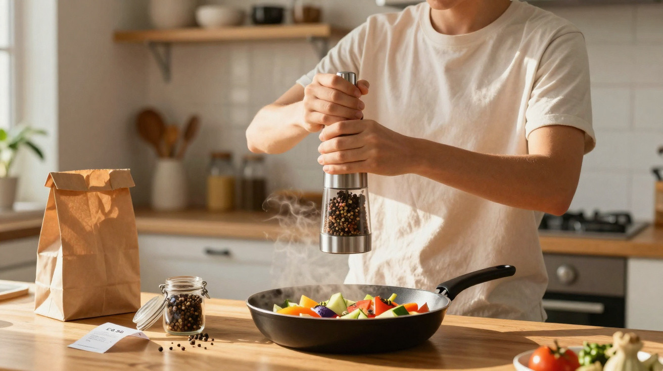 Pessoa a moer pimenta numa frigideira com legumes coloridos numa cozinha moderna e iluminada.
