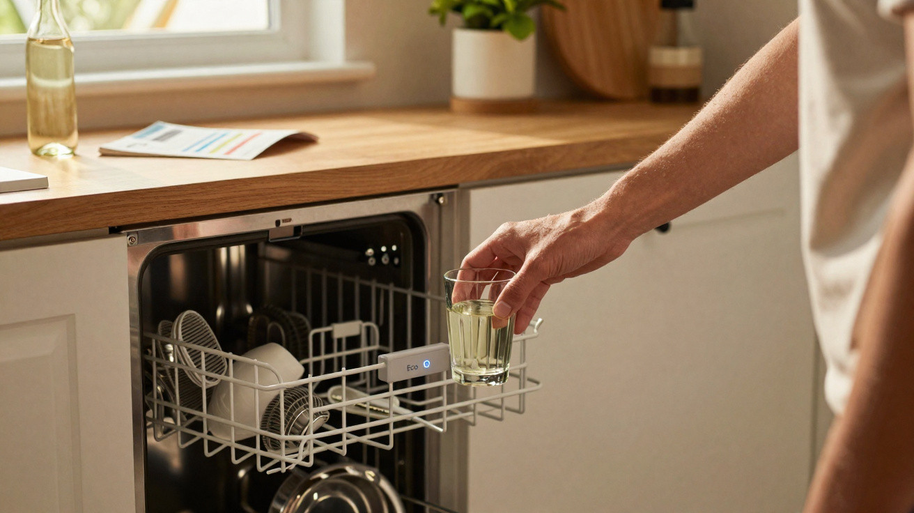 Mão a retirar um copo de vidro do lava-loiça aberto numa cozinha moderna.