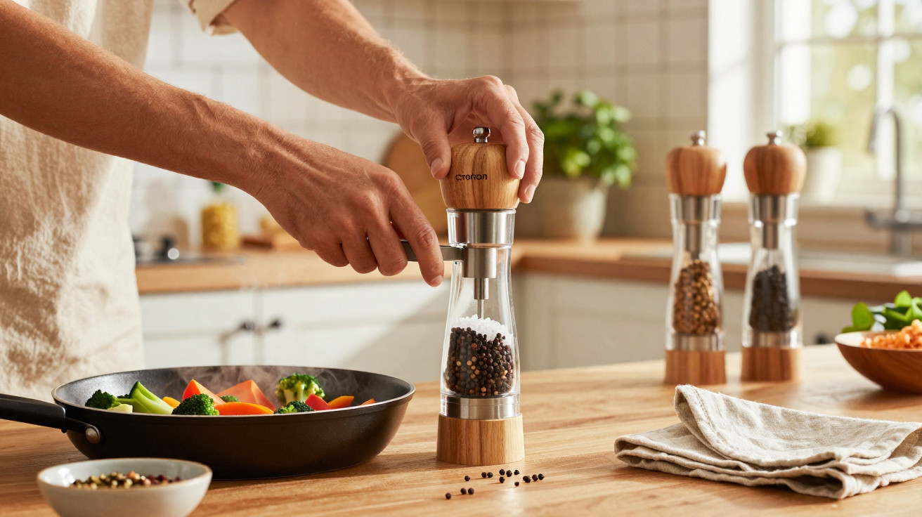 Mãos moendo pimenta preta numa cozinha moderna com legumes na frigideira ao fundo.
