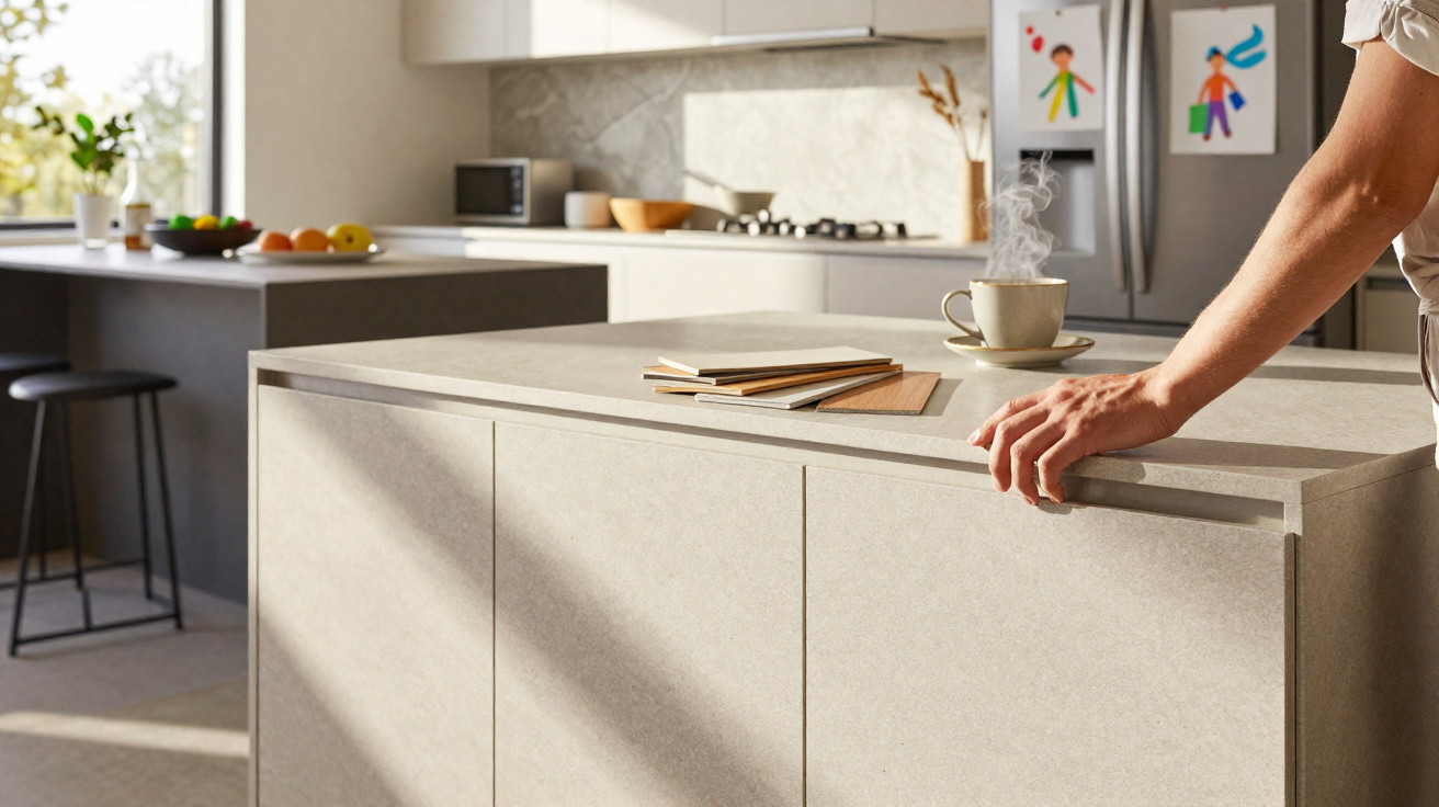 Mão numa bancada de cozinha moderna com chávena com vapor e amostras de materiais e cores sobre a bancada.